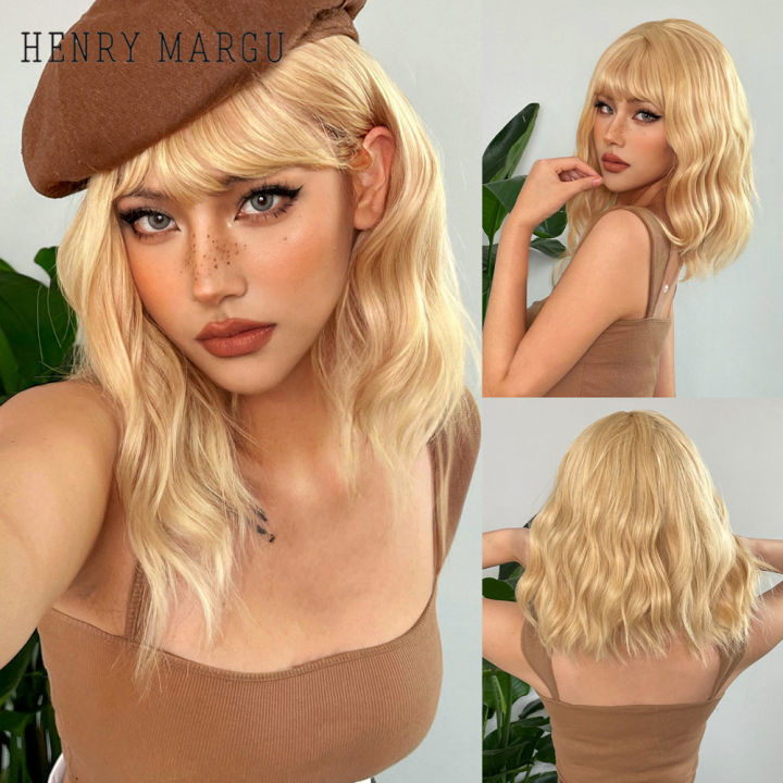 HENRY MARGU Short Blonde Wavy Wigs With Bangs Synthetic Bob Light