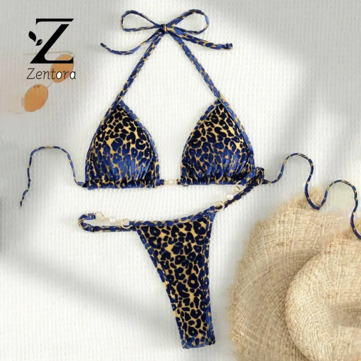 Zentora Bikini Set With Faux Pearl Decoration Leopard Print Bikini Set