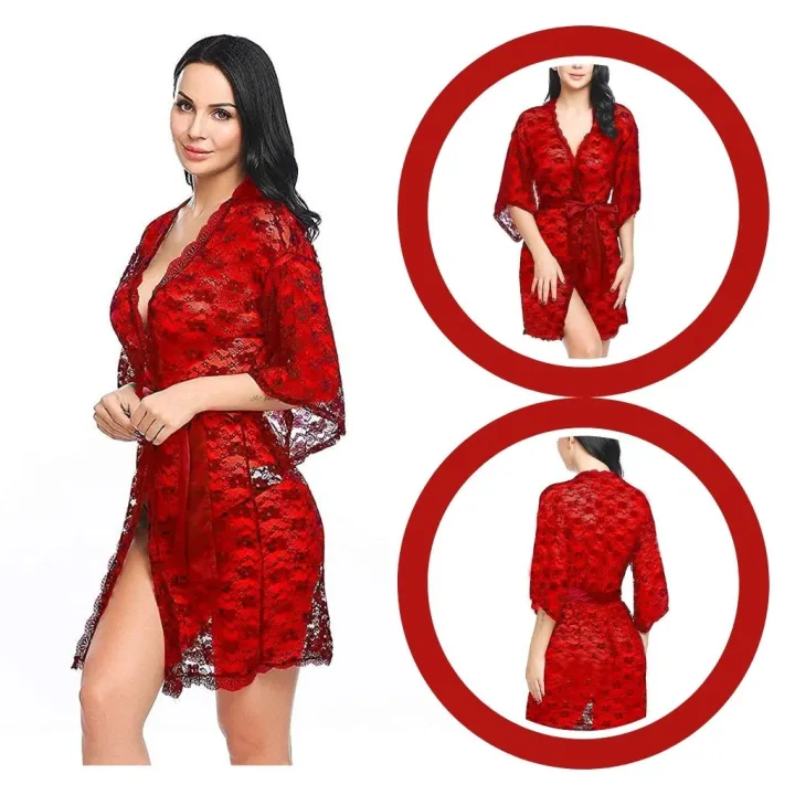 Women Babydoll Lace Net Robe Lingerie Nightwear Dress Red Color Free