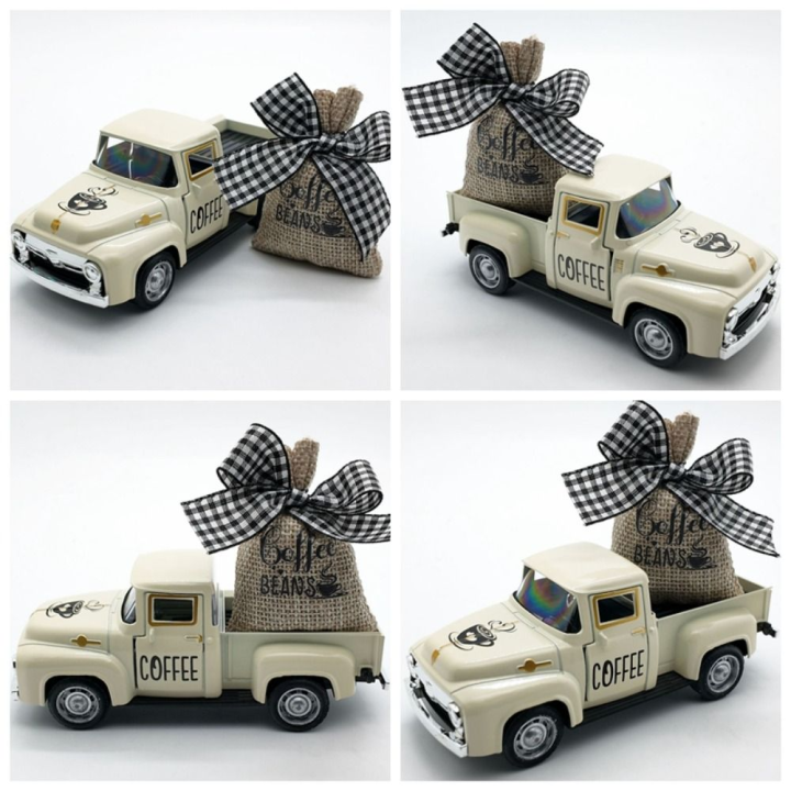 Kids Toy Diecast Coffee Truck Pickup Burlap Sack Model Toys Metal Truck Model Vintage Simulation Mini Coffee Truck Kitchen Decor