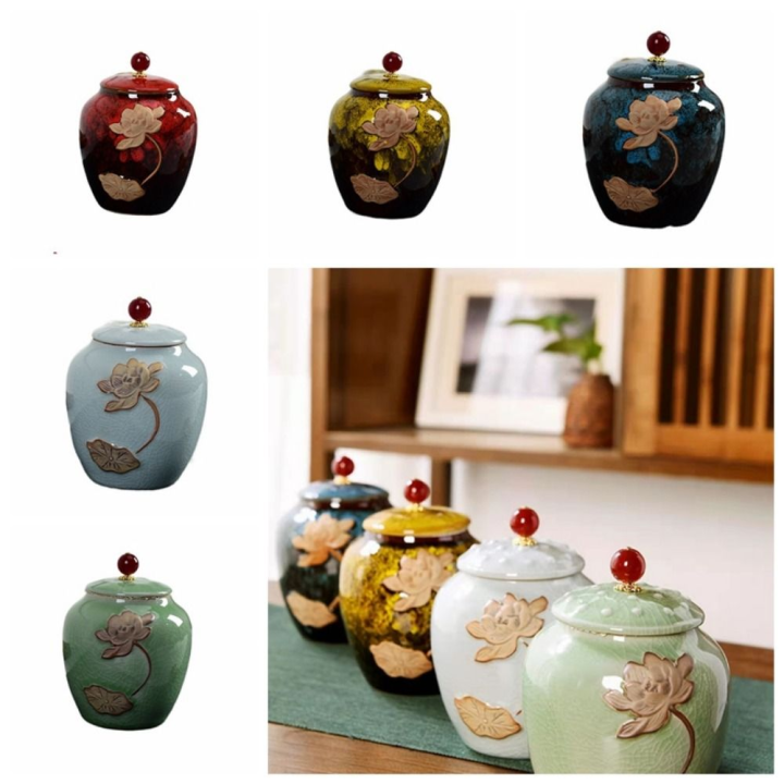 Multifuncational Ceramic Tea Jar Chinese Vintage Food Storage Container Damp-Proof Porcelain Sealed Pot Household