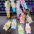 Hot Flocking Labubu Keychain Pop Mart Colorful Lilith Key Holder Cartoon Chain Backpack Pendant Car Key Ring. 