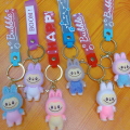 Hot Flocking Labubu Keychain Pop Mart Colorful Lilith Key Holder Cartoon Chain Backpack Pendant Car Key Ring. 
