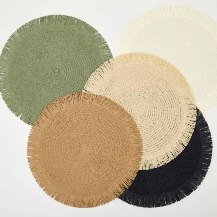 High Quality Japan Style Round Braided Placemats Non-slip with Tassels Insulation Place Mats Hand Woven Fringe Paper Table Mats Dining Table Decorations