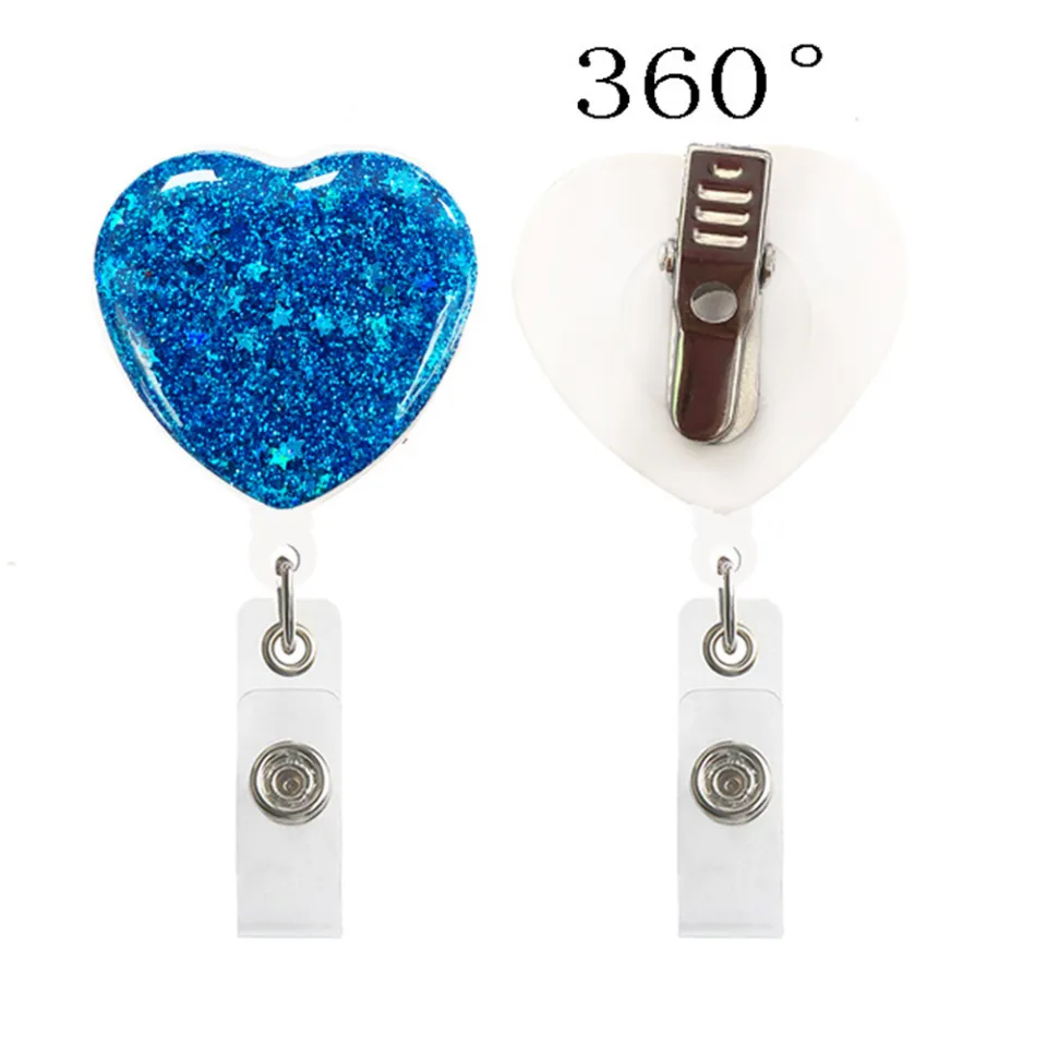 3 Pack Bling Heart Badge Reels - Retractable ID Badge Holders With Glitter For Nurses & Teachers
