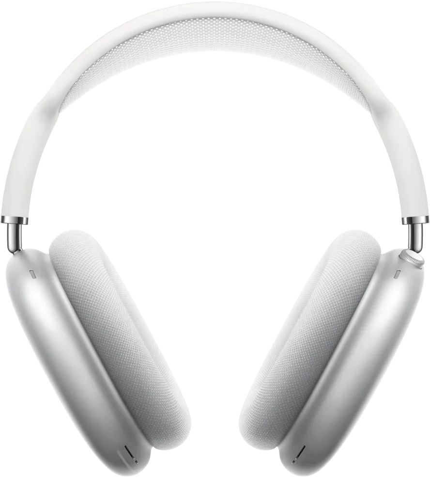 Front of AirPods Max in Silver, two silver ear cups with matching grey mesh textile cushioning, connected by white silicone headband with mesh at the apex.