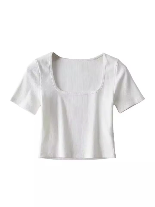 Women Square Neck Rib Crop T-shirt Short Sleeve Crop Top