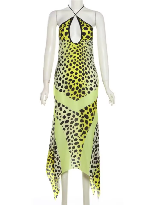 kliou Point Print Irregularly Maxi Dress Women Cross Halter Bandage Hollow Backless Fashion Vestidos Female Evening Party Wear