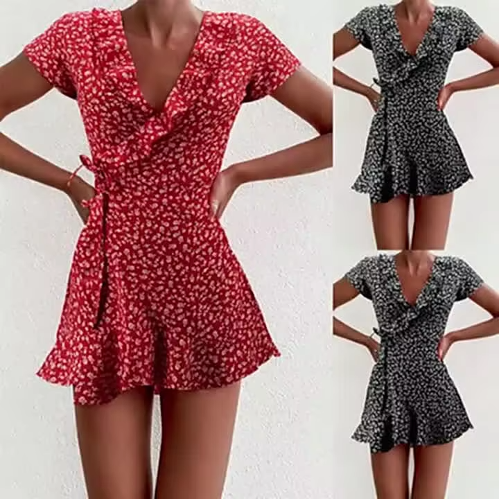 Summer Women’s Floal A-Line Dress Sweet Elegant Floral Ruffles V-neck Bandage Short Dress for Lady Chic Flowers Mini Dress