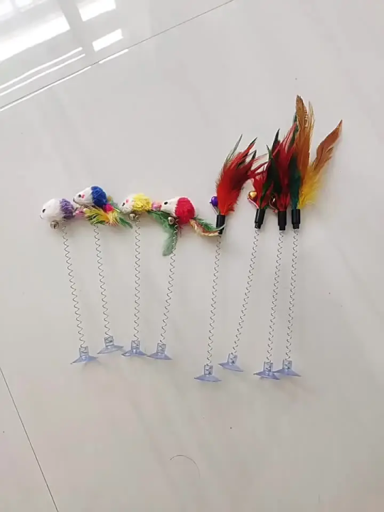 Cat Spring Rat toy Rainbow Bright color with Suction Cup, Metal Bell & Soft Feather Mouse Toy, Cat toys
