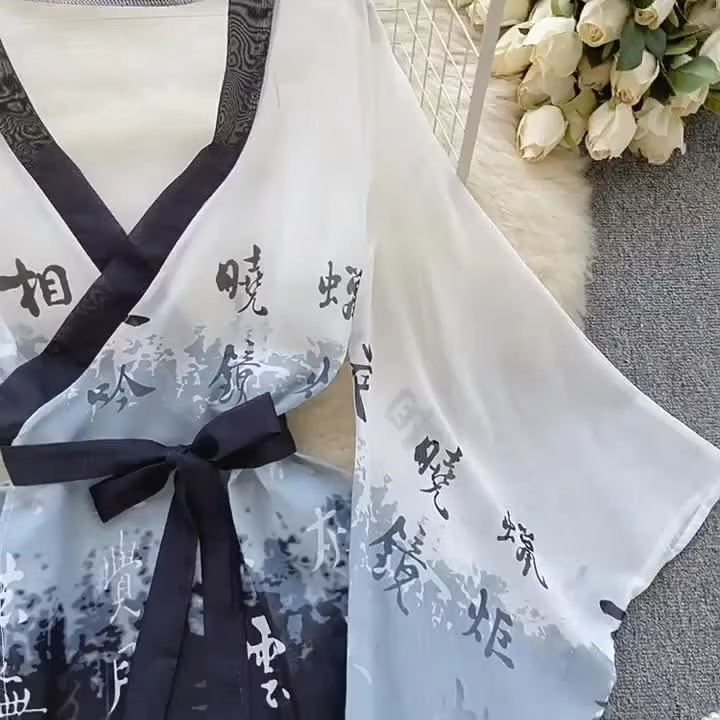Kimono Chinese Characters Print Slightly Transparent One Piece Bathrobe Loose Sleeves Causal Top And Shorts Two-Piece Set