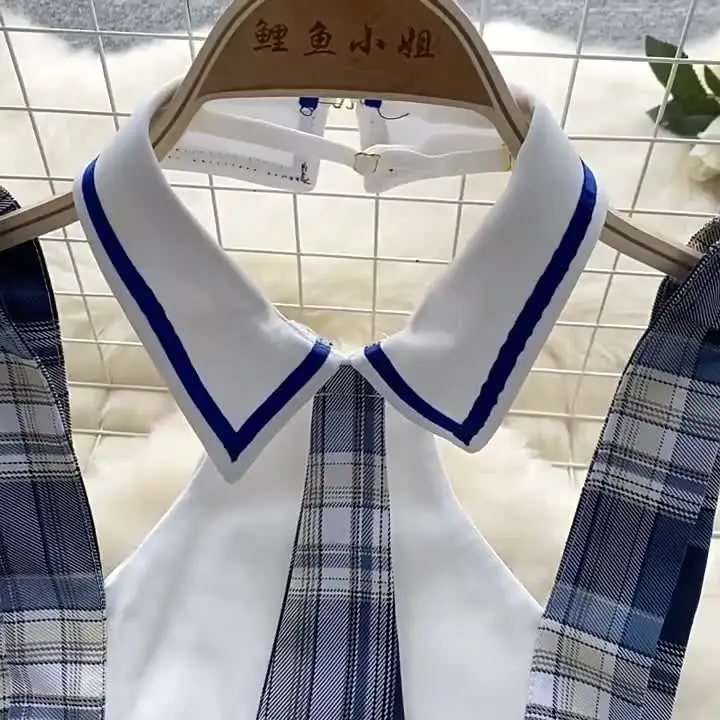 Girls Cute Japanese JK Uniform Mini Checkered Strap Skirt Off Shoulder High Waist Elastic Cosplay Dress Hot Sweet Pajama