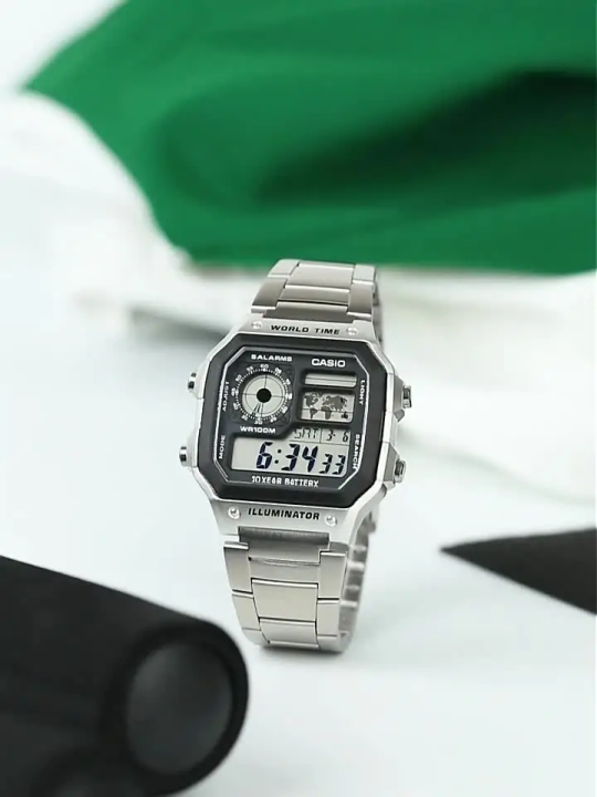 (Ready Stock) G .Shock Men Sport Digital Classic Square Watch Shockproof and Waterproof Stainless Steel Band Sports Business Wrist Watches with 2 Year International Warranty AE-1200WHD-1A