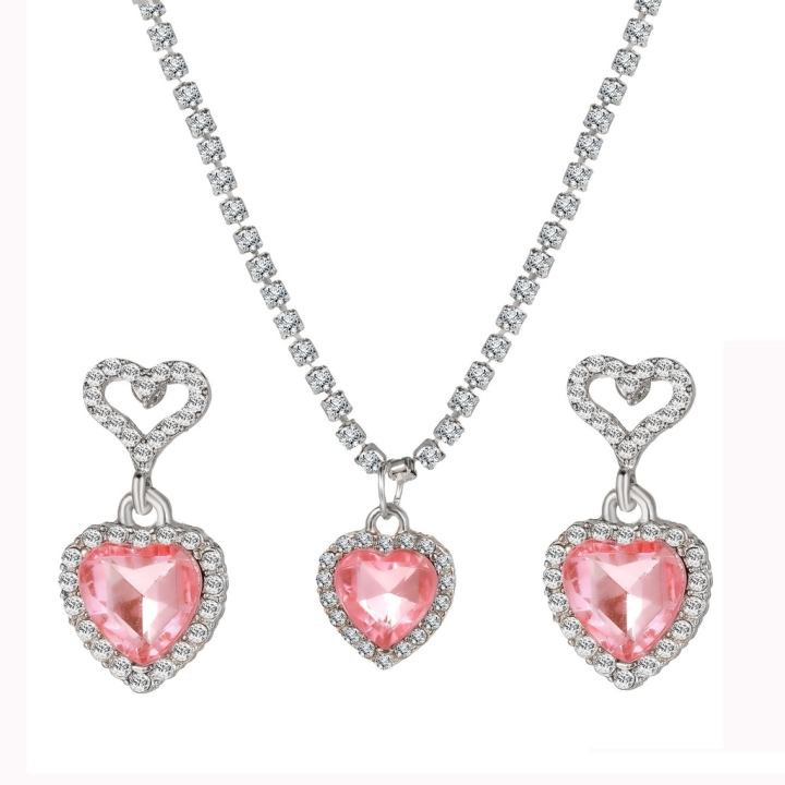 Enacolor 3Pcs Luxury Zircon Crystal Heart Necklace Earrings Jewelry Set for Women Girl Party Wedding Banquet Accessories Valentine's Day Gift