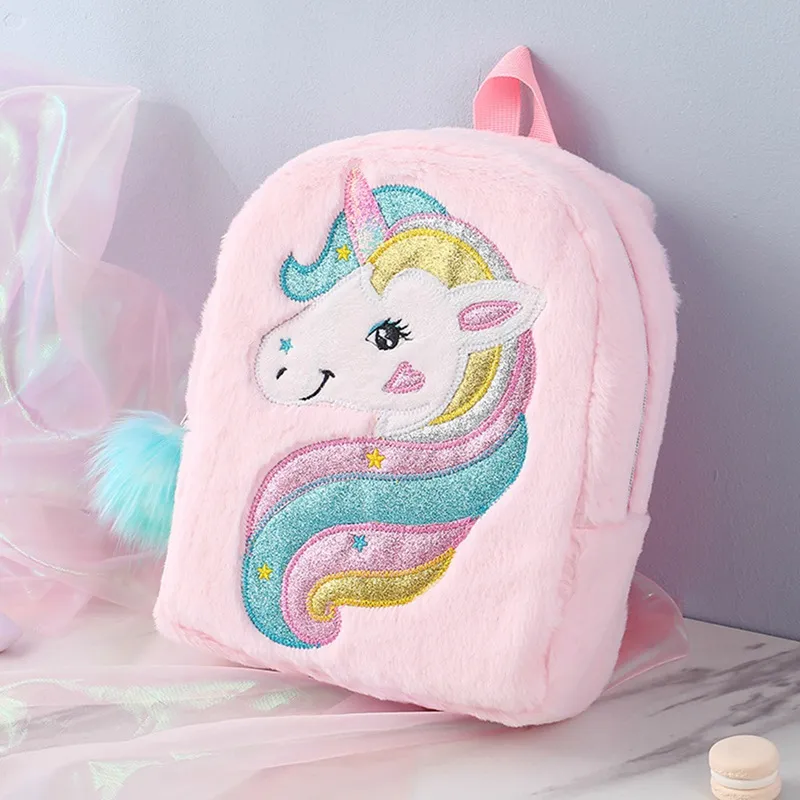 Rainbow Fluffy Unicorn Backpack Plush Back To School Rucksack Zipper Bag Daraz.pk