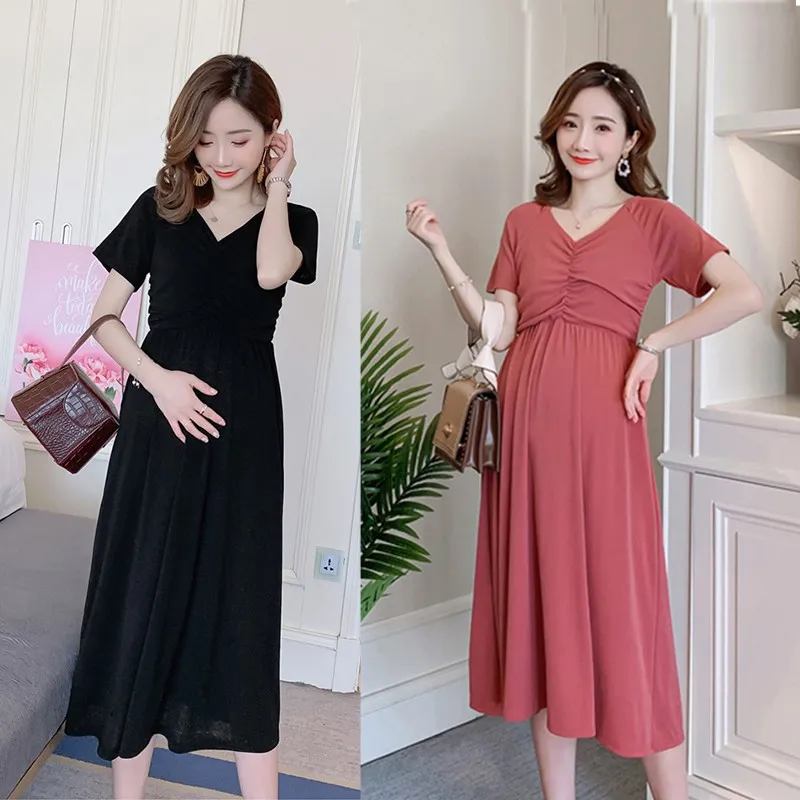 Ready Stock S 5XL Pregnant Maternity Short Sleeve Dress Plus Size V Neck Loose Dresses Nymphish Maternity Wear