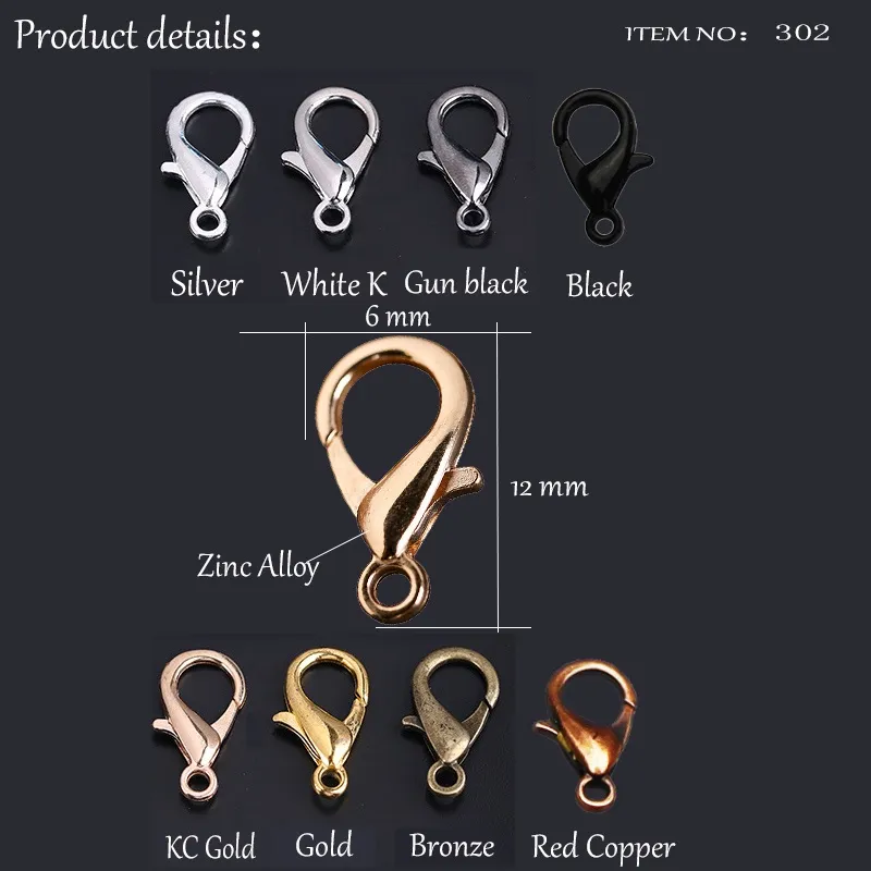 12mm Brass Lobster Claw Clasps, 4 Colors, Mixed Lot, Jewelry Clasps