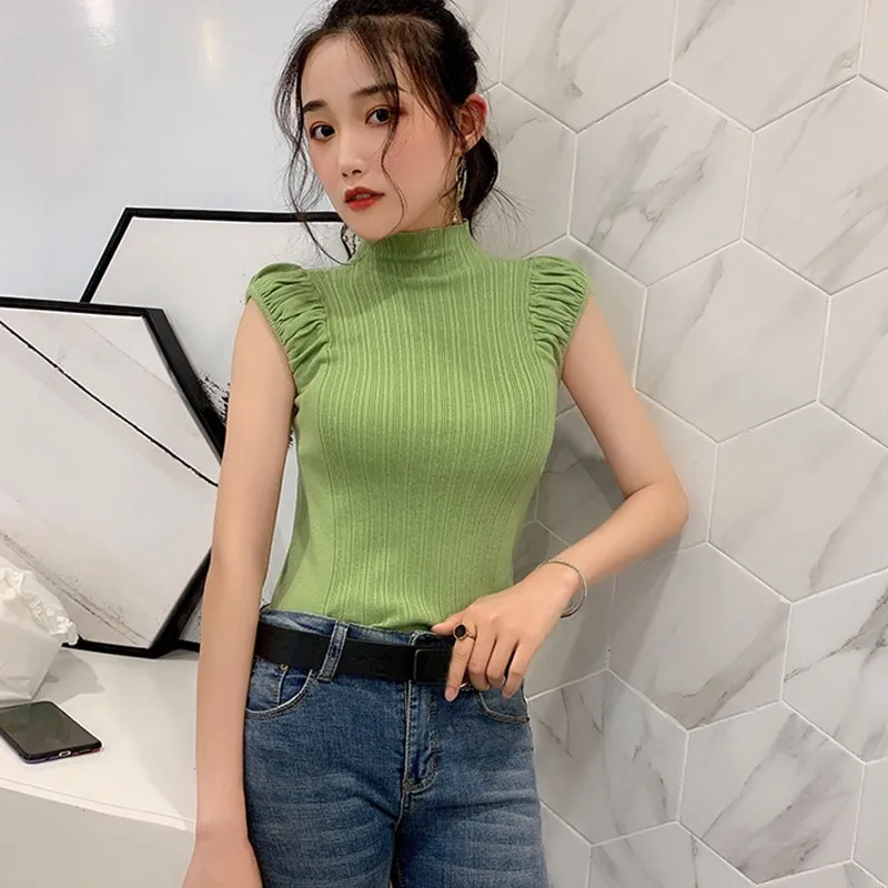 Women Blouse Solid Half Turtleneck Fashion Slim Short Sleeve