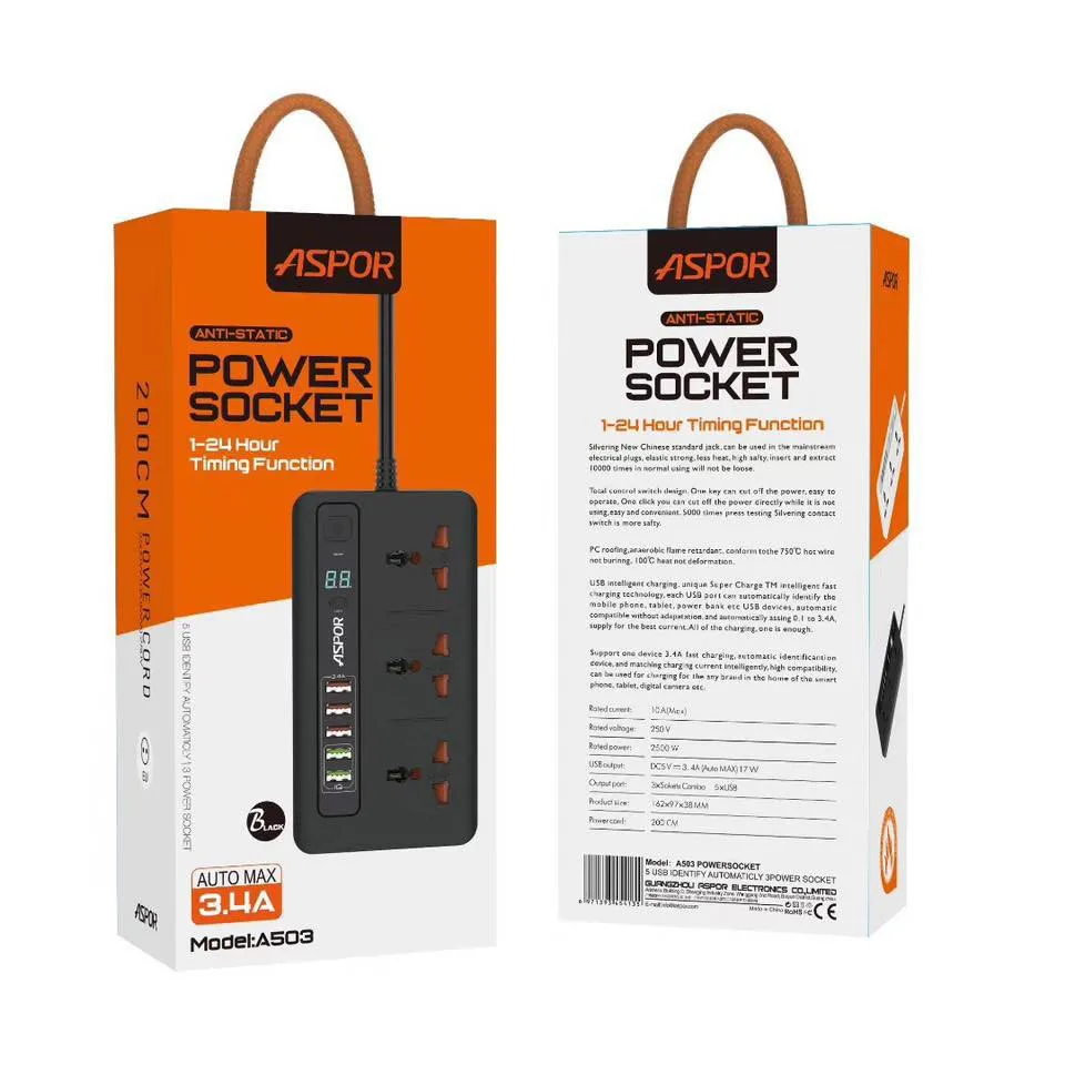 ASPOR A503 Anti-Static 3.4A Power Socket / 1-24 Hour Timing Function / Fast Charging / 200CM Power Cord / UK Plug | Shopee Malaysia