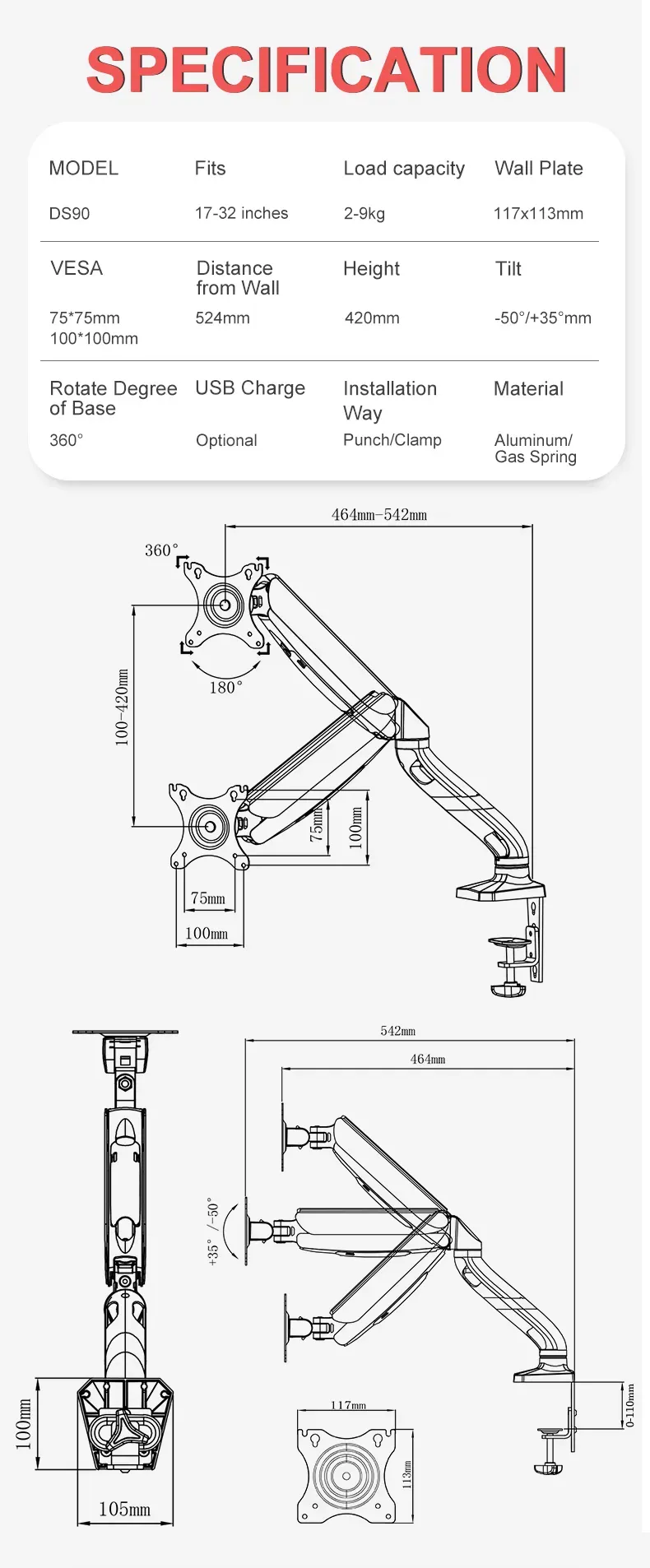 Kaloc KLC-DS90 Adjustable Single Arm Monitor Mount Stand 17'' to 32'' Screen Size
