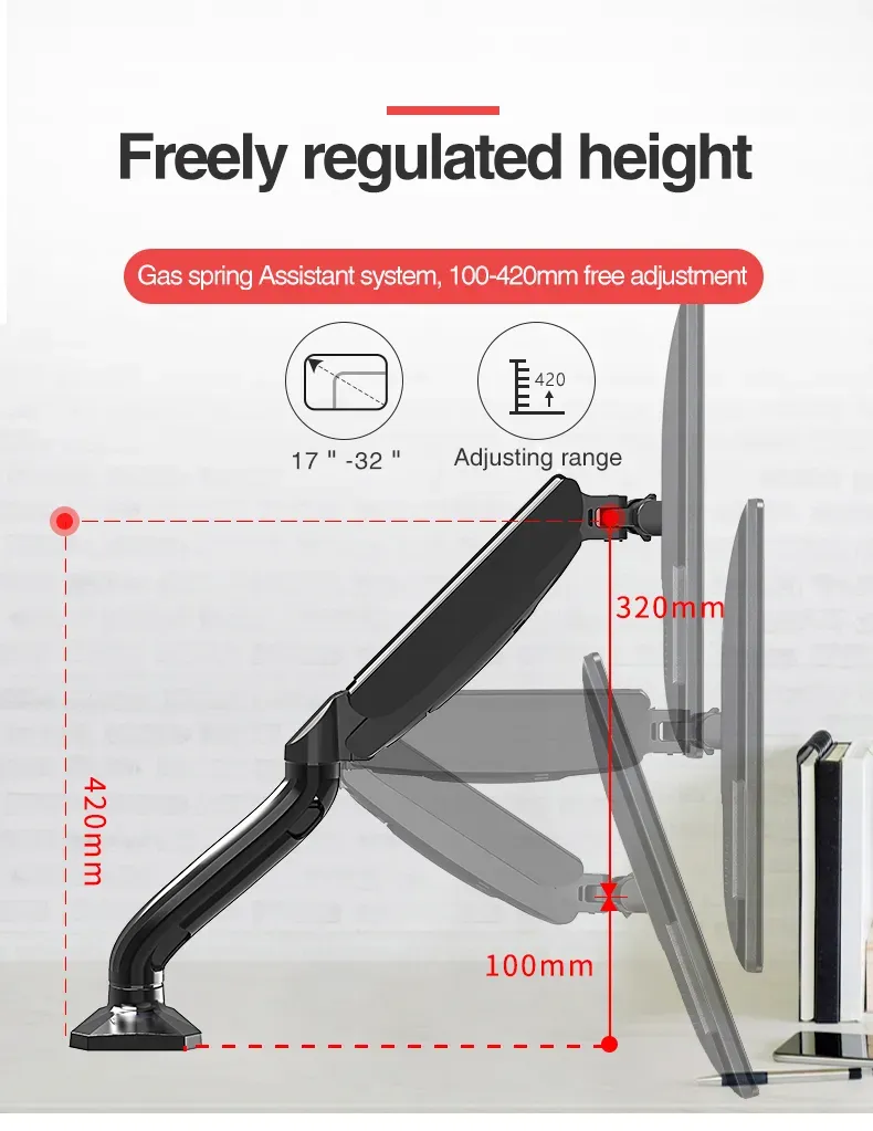 Kaloc KLC-DS90 Adjustable Single Arm Monitor Mount Stand 17'' to 32'' Screen Size
