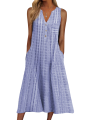 Women Summer Sleeveless Dress, Adults Casual Striped V-neck One-piece with Pockets.