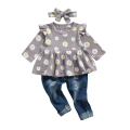 Jumperjuser-Girl’s T-shirt and Trousers Suit Fashion Daisy Print Long Sleeve Tops and Ripped Denim Pants with Headband. 