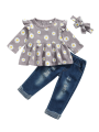 Jumperjuser-Girl’s T-shirt and Trousers Suit Fashion Daisy Print Long Sleeve Tops and Ripped Denim Pants with Headband. 