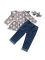 Jumperjuser-Girl’s T-shirt and Trousers Suit Fashion Daisy Print Long Sleeve Tops and Ripped Denim Pants with Headband. 