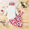 Ma&Baby Baby Girls Clothes Set, Love Heart Print Long Sleeve O-neck Romper+Suspender Skirt+Headband. 