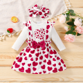 Ma&Baby Baby Girls Clothes Set, Love Heart Print Long Sleeve O-neck Romper+Suspender Skirt+Headband. 