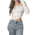 Jumperjuser-Women’s Casual Long Sleeve T-shirt Fashion Solid Color Oblique Shoulder Irregular Exposed Navel Tops. 