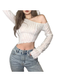 Jumperjuser-Women’s Casual Long Sleeve T-shirt Fashion Solid Color Oblique Shoulder Irregular Exposed Navel Tops. 