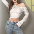 Jumperjuser-Women’s Casual Long Sleeve T-shirt Fashion Solid Color Oblique Shoulder Irregular Exposed Navel Tops. 