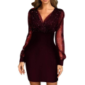 Eligible Women's Evening Dress Mesh Long Sleeve Sequin Embellished V-Neck Slim Cocktail Dress.