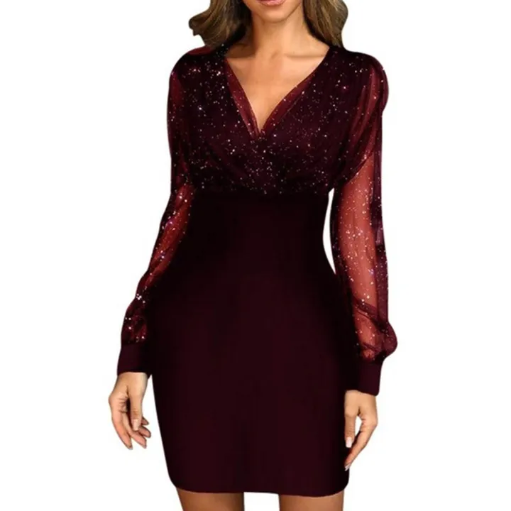 Eligible%20Women's%20Evening%20Dress%20Mesh%20Long%20Sleeve%20Sequin%20Embellished%20V-Neck%20Slim%20Cocktail%20Dress%20-%20Image%202