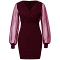 Eligible Women's Evening Dress Mesh Long Sleeve Sequin Embellished V-Neck Slim Cocktail Dress.