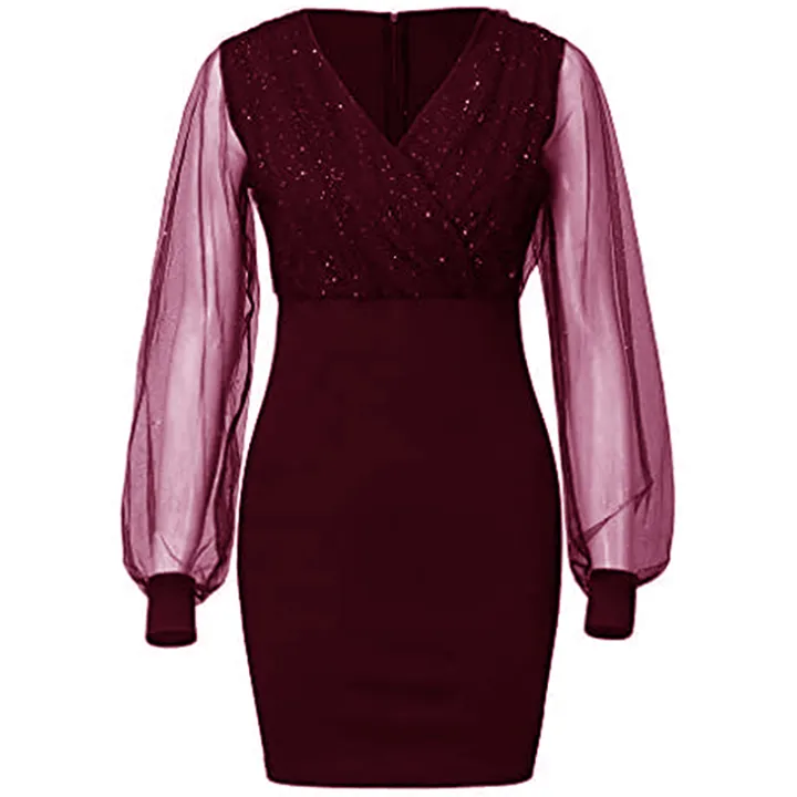 Eligible%20Women's%20Evening%20Dress%20Mesh%20Long%20Sleeve%20Sequin%20Embellished%20V-Neck%20Slim%20Cocktail%20Dress%20-%20Image%204