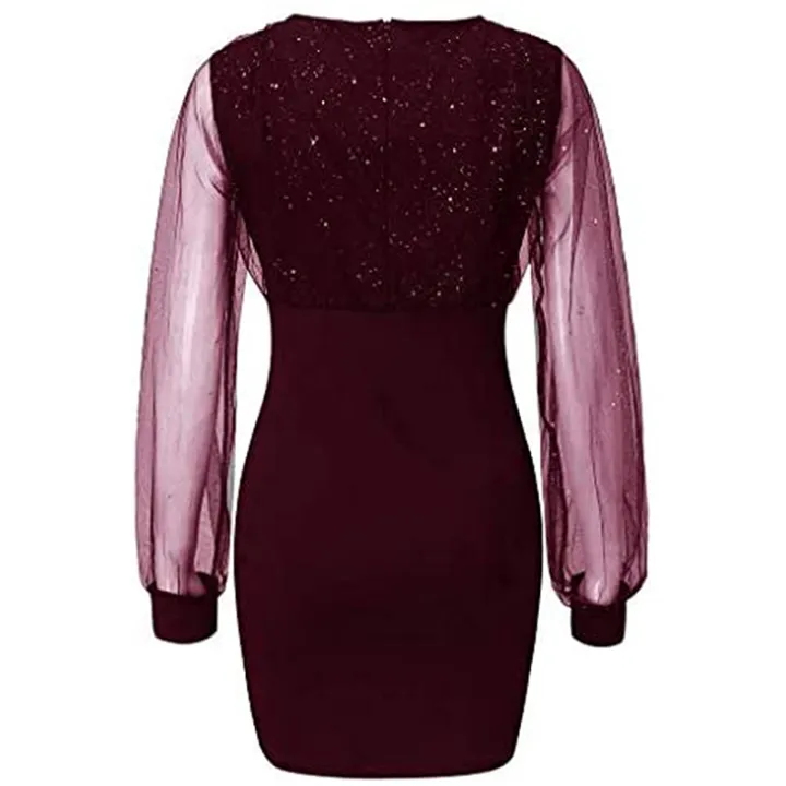 Eligible%20Women's%20Evening%20Dress%20Mesh%20Long%20Sleeve%20Sequin%20Embellished%20V-Neck%20Slim%20Cocktail%20Dress%20-%20Image%205