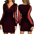 Eligible Women's Evening Dress Mesh Long Sleeve Sequin Embellished V-Neck Slim Cocktail Dress.