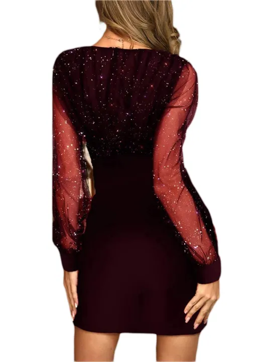 Eligible%20Women's%20Evening%20Dress%20Mesh%20Long%20Sleeve%20Sequin%20Embellished%20V-Neck%20Slim%20Cocktail%20Dress%20-%20Image%207