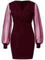Eligible Women's Evening Dress Mesh Long Sleeve Sequin Embellished V-Neck Slim Cocktail Dress.