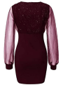 Eligible Women's Evening Dress Mesh Long Sleeve Sequin Embellished V-Neck Slim Cocktail Dress.