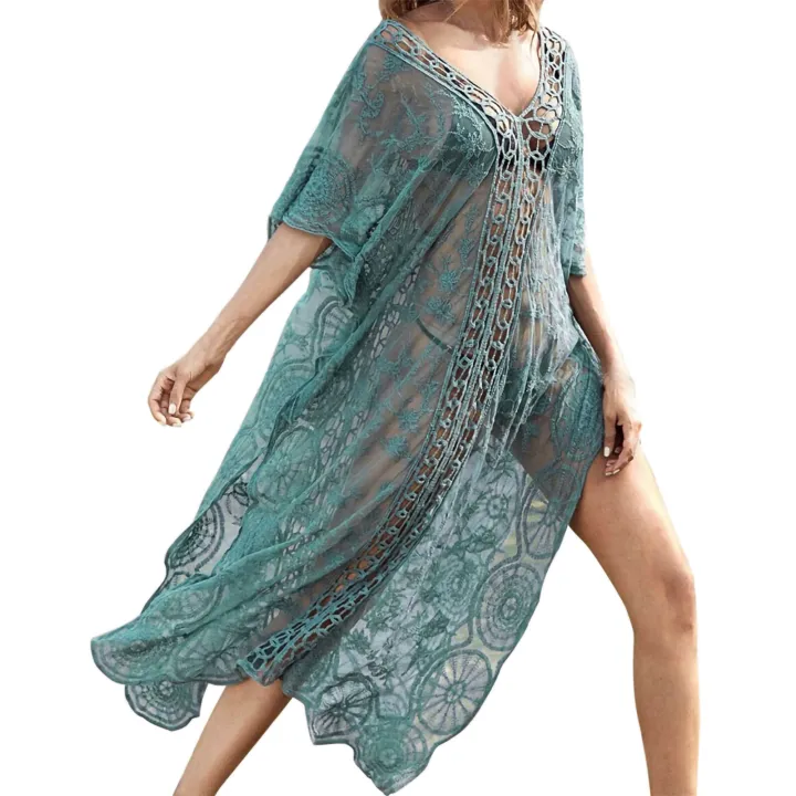 Jumperjuser-Women%20Summer%20Bikini%20Cover%20Up,%20Half%20Sleeve%20V-Neck%20Crochet%20Flower%20Hollow%20Sheer%20Slit%20Long%20Dress%20-%20Image%202