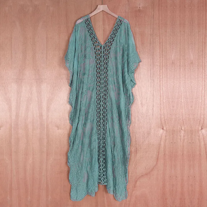 Jumperjuser-Women%20Summer%20Bikini%20Cover%20Up,%20Half%20Sleeve%20V-Neck%20Crochet%20Flower%20Hollow%20Sheer%20Slit%20Long%20Dress%20-%20Image%205