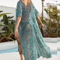 Jumperjuser-Women Summer Bikini Cover Up, Half Sleeve V-Neck Crochet Flower Hollow Sheer Slit Long Dress.