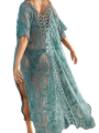 Jumperjuser-Women Summer Bikini Cover Up, Half Sleeve V-Neck Crochet Flower Hollow Sheer Slit Long Dress.