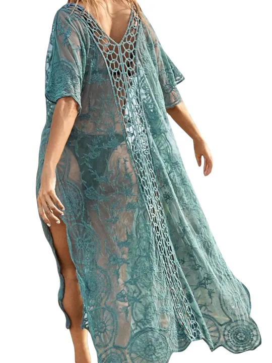 Jumperjuser-Women%20Summer%20Bikini%20Cover%20Up,%20Half%20Sleeve%20V-Neck%20Crochet%20Flower%20Hollow%20Sheer%20Slit%20Long%20Dress%20-%20Image%208