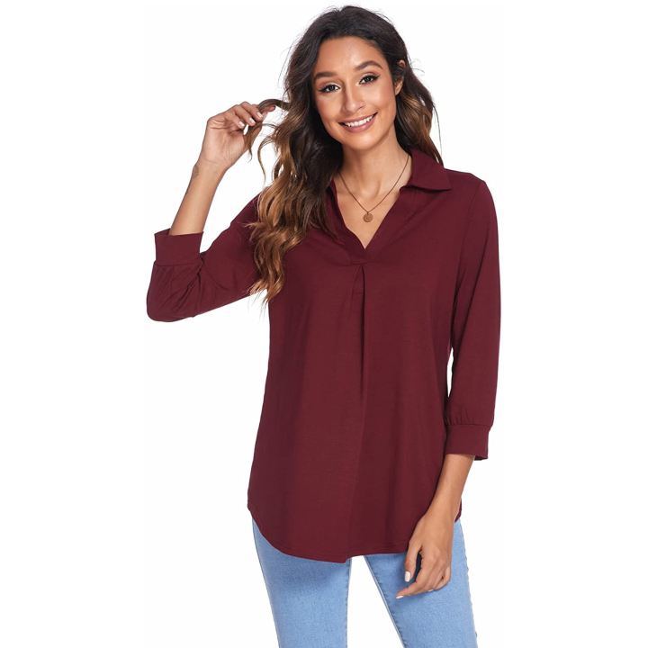 Spring%20flowers%20Women%20Loose%20Shirt,%20Adults%20Casual%20Solid%20Color%20V-neck%20Three-quarter%20Sleeve%20Pullover%20-%20Image%202