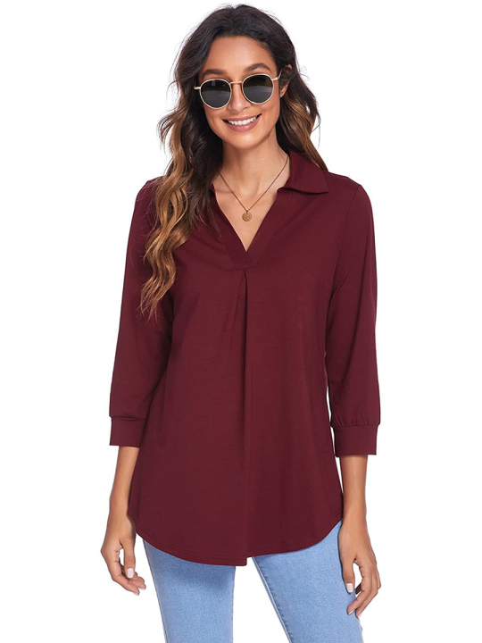 Spring%20flowers%20Women%20Loose%20Shirt,%20Adults%20Casual%20Solid%20Color%20V-neck%20Three-quarter%20Sleeve%20Pullover%20-%20Image%205